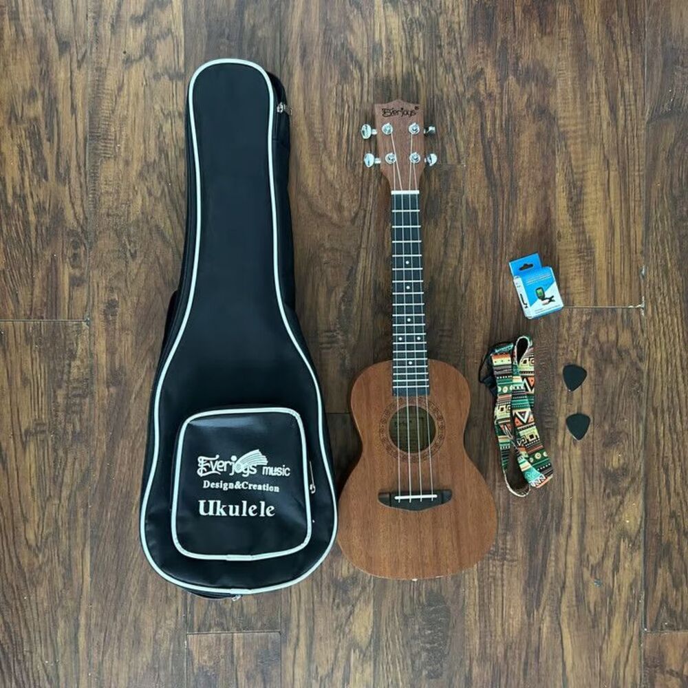 Everjoys Ukulele Soprano Concert Kit with Gig Bag Tuner Strap Picks Brown Wood